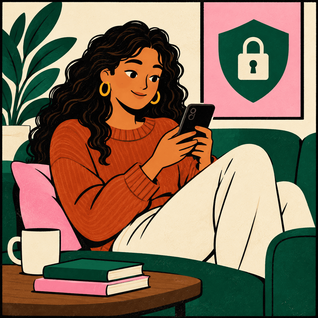 Illustration of a woman using her phone beside a privacy shield and lock