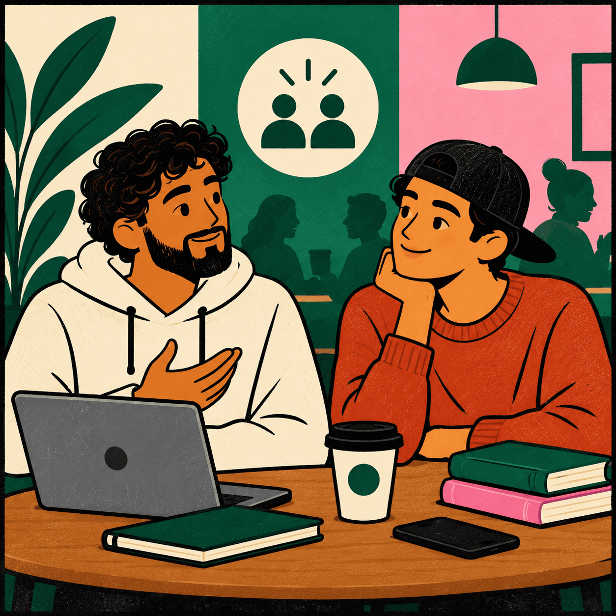 Illustration of two friends chatting at a café table