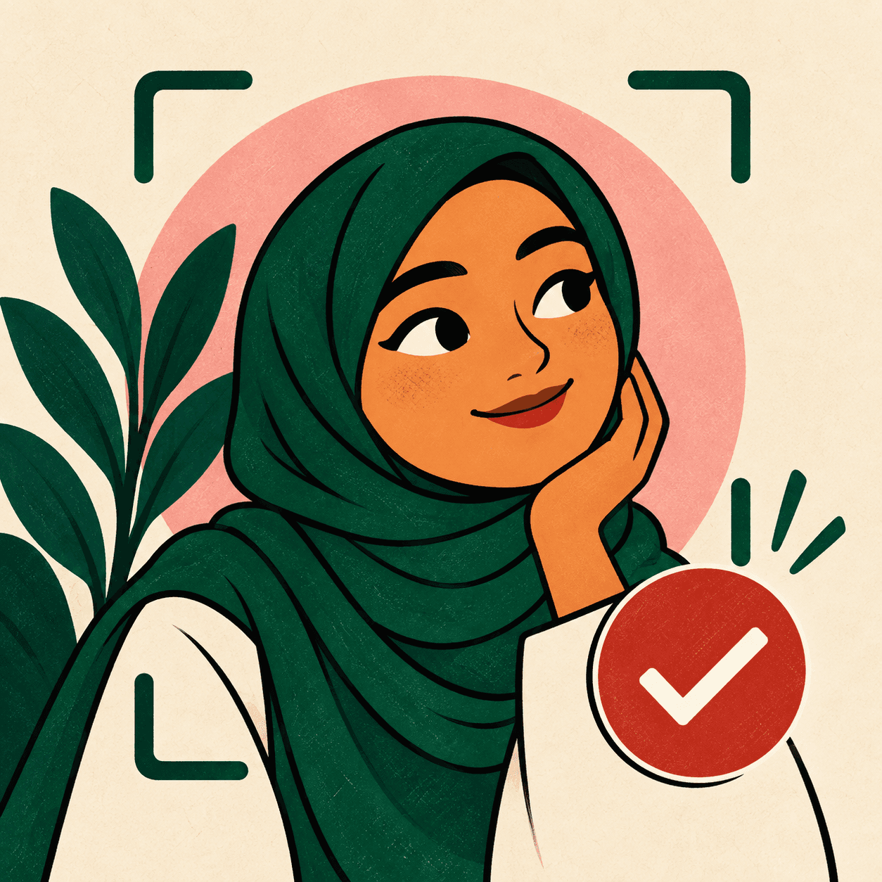 Illustration of a woman in a green hijab with a verification checkmark