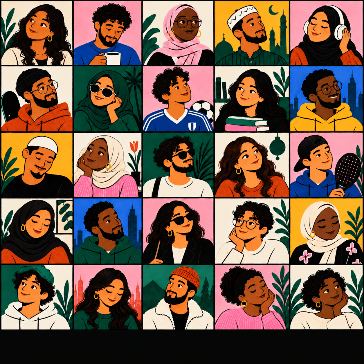 Colorful illustrated portraits of Muslims with different styles and interests, including coffee, reading, music, and sports.