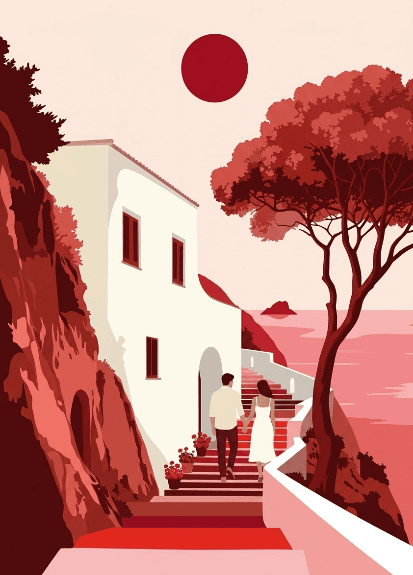Couple walking up seaside steps toward a bright Mediterranean villa.