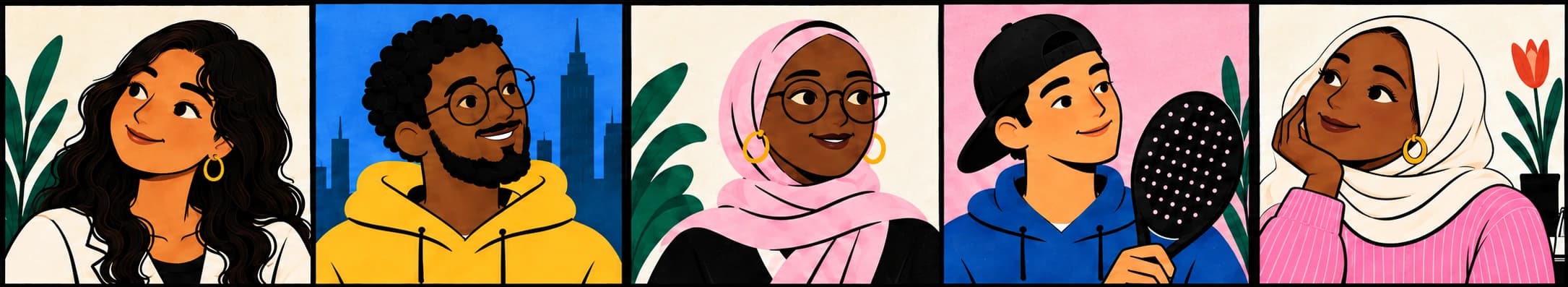 Illustrated members of Layla’s Muslim community, with different styles and interests