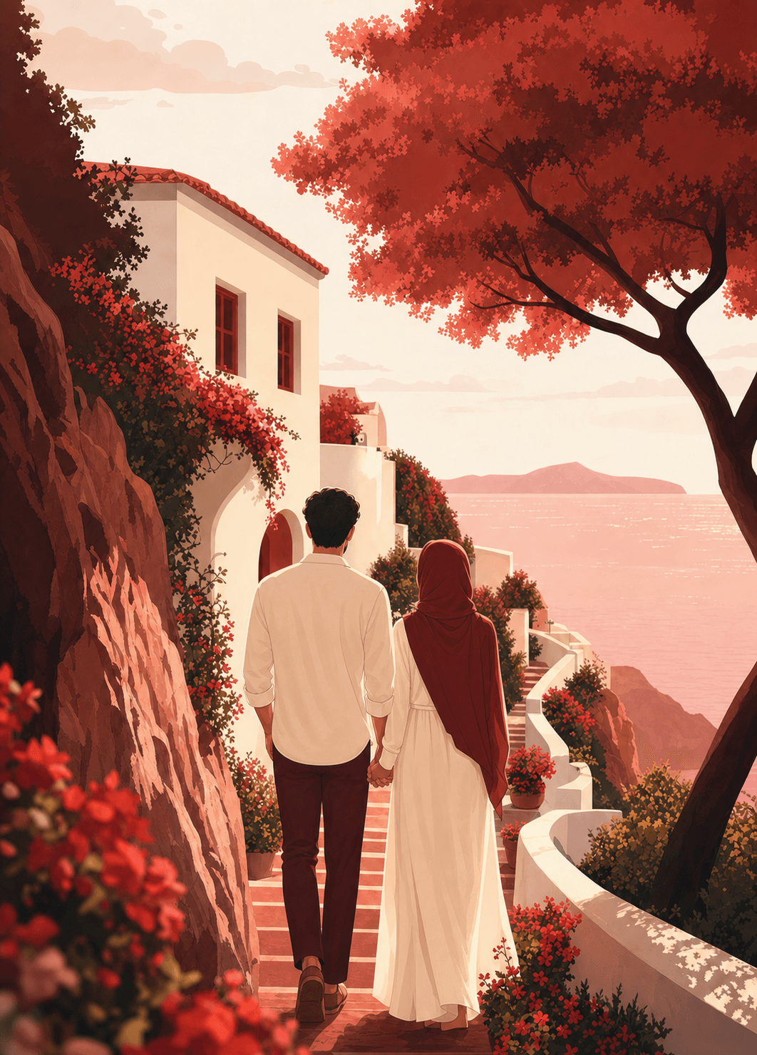Couple walking up seaside steps toward a bright Mediterranean villa.